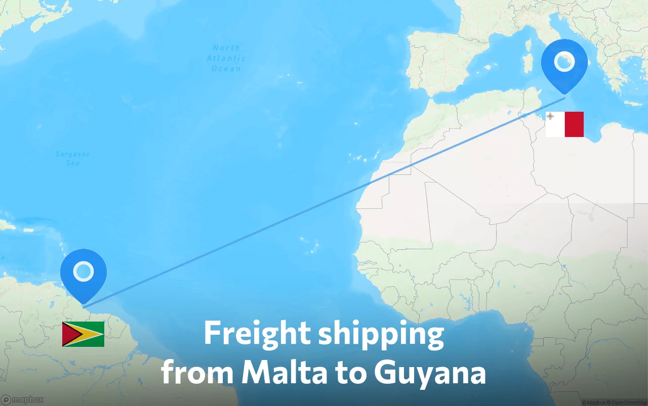 Shipping route from Malta to Guyana