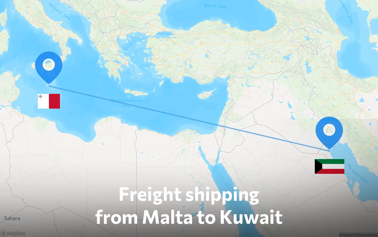 Shipping route from Malta to Kuwait