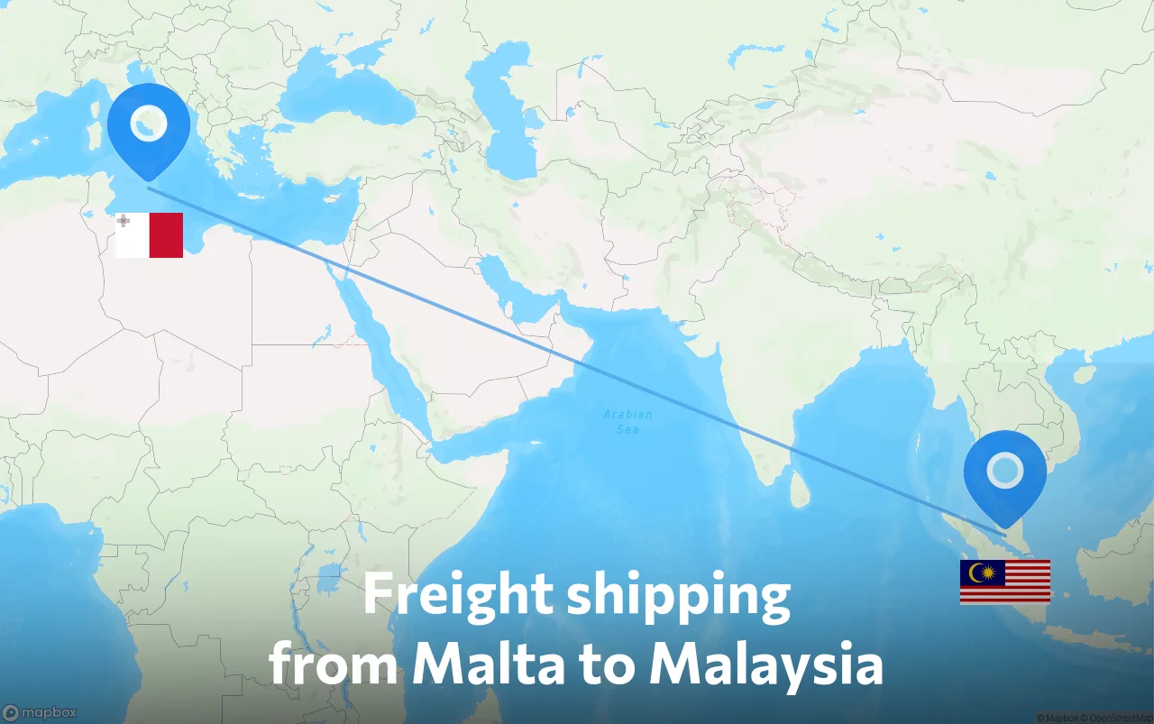 Shipping route from Malta to Malaysia