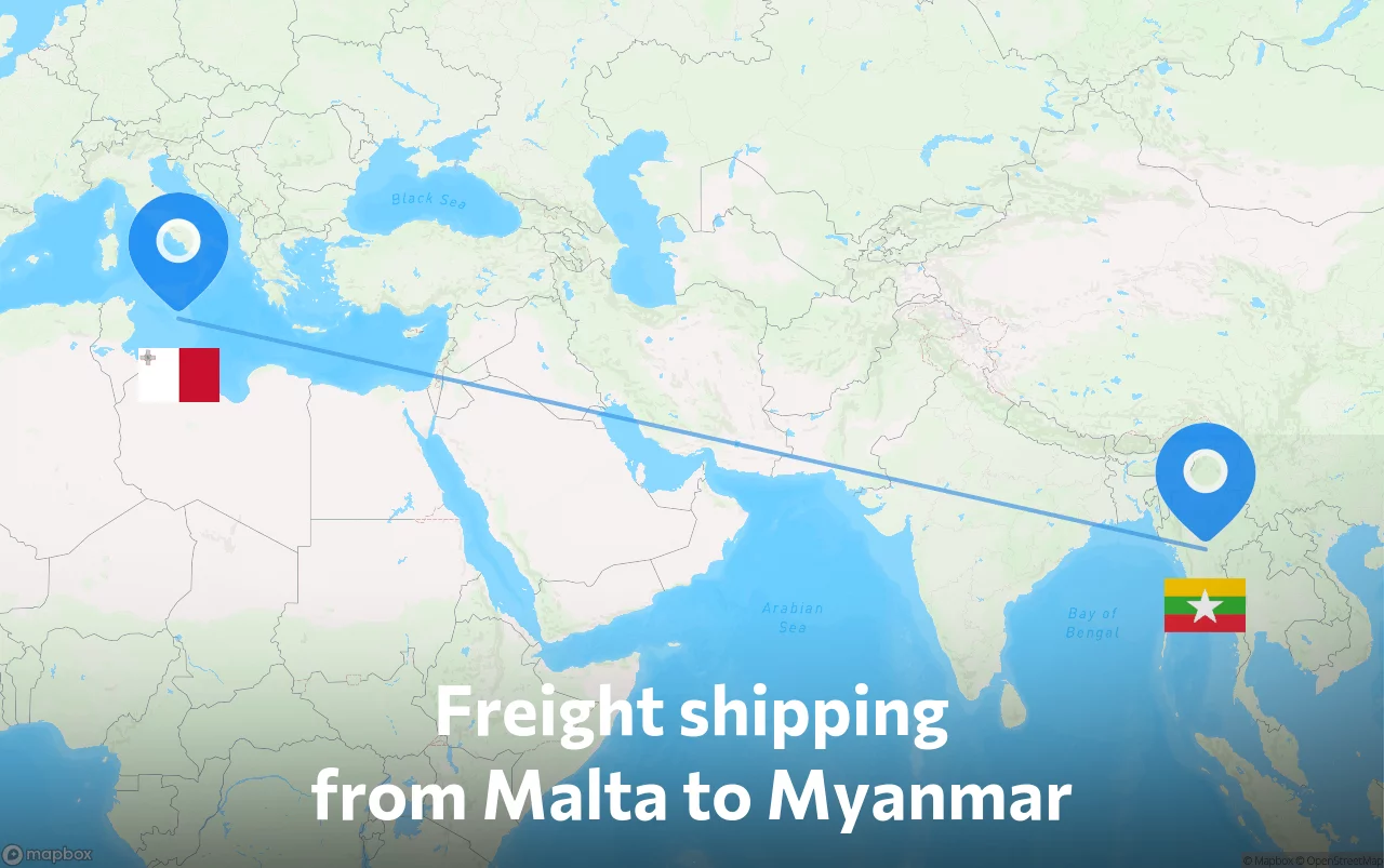 Shipping route from Malta to Myanmar