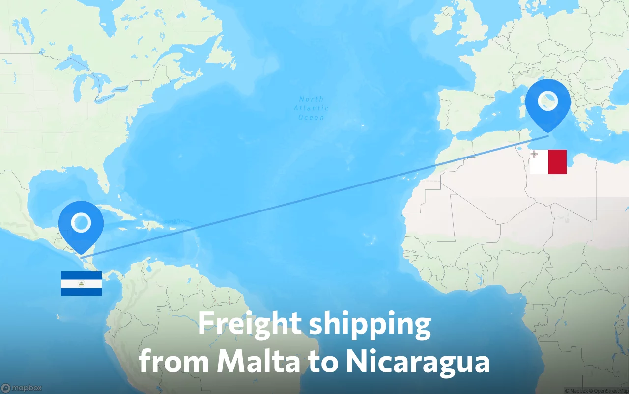 Shipping route from Malta to Nicaragua