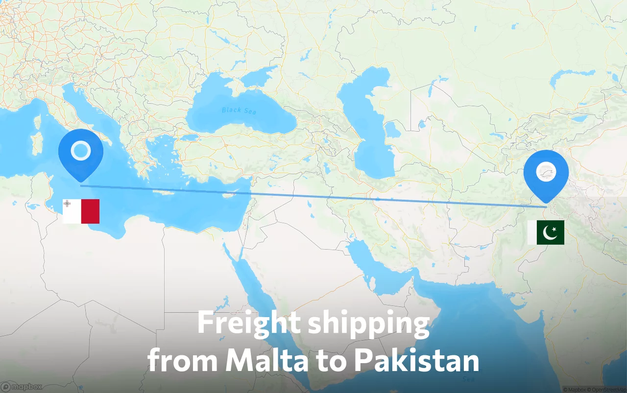 Shipping route from Malta to Pakistan