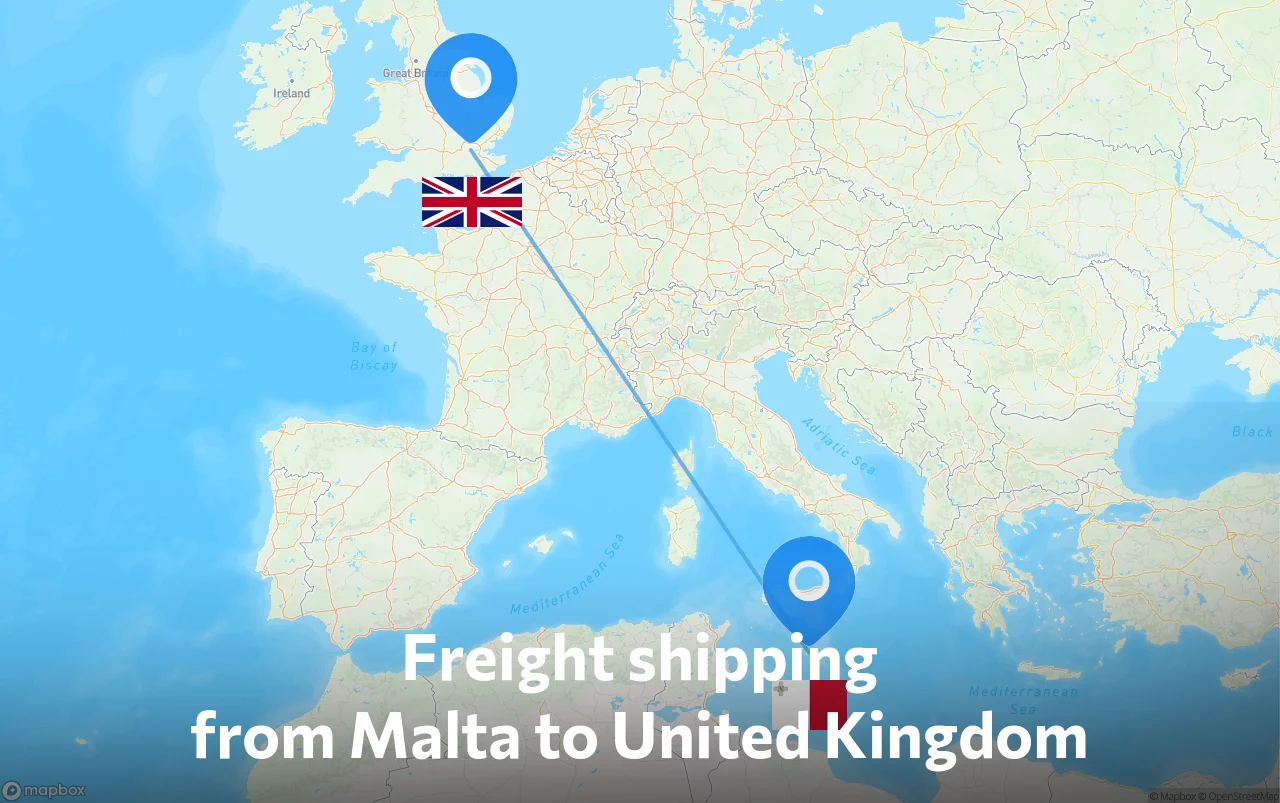 Shipping route from Malta to United Kingdom