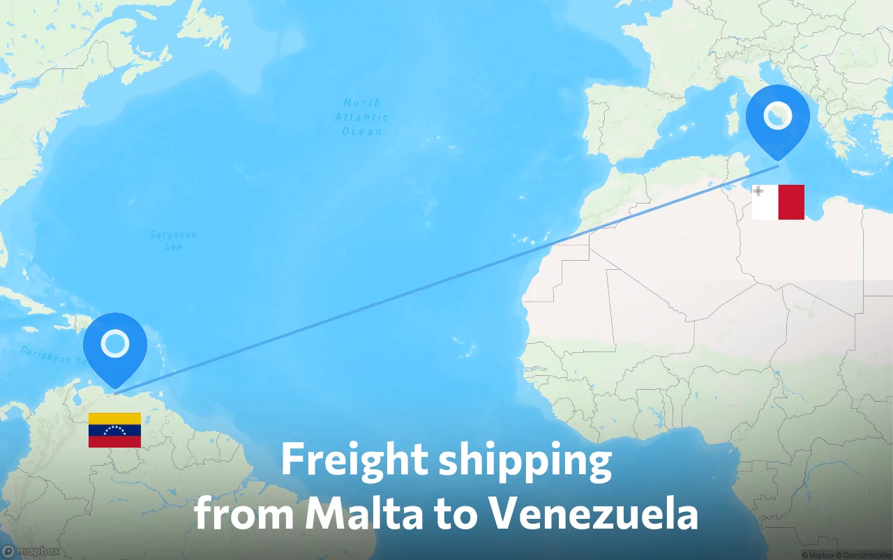 Shipping route from Malta to Venezuela