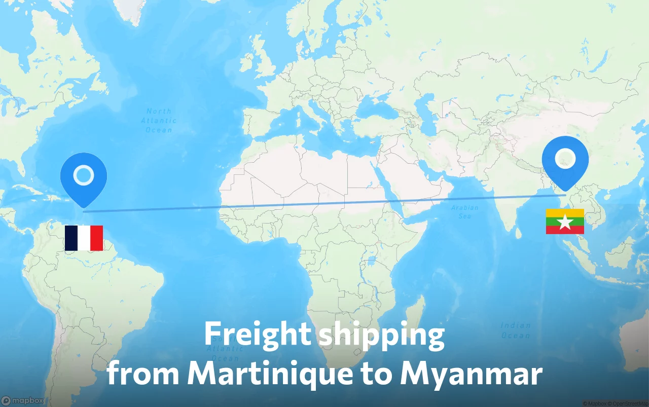 Shipping route from Martinique to Myanmar