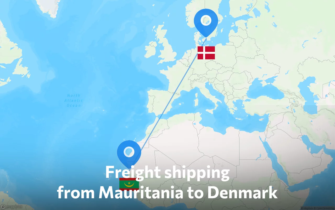 Shipping route from Mauritania to Denmark