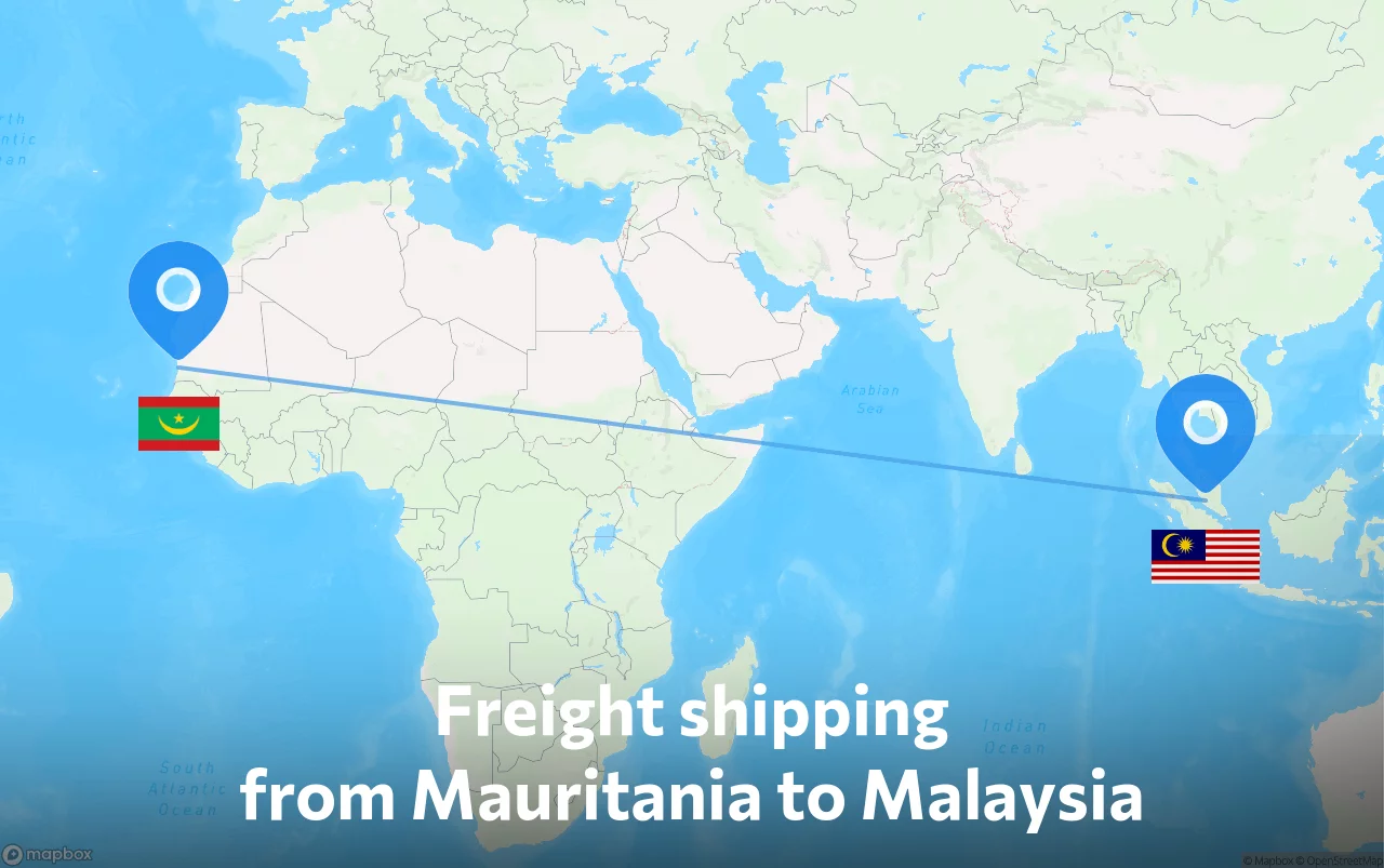 Shipping route from Mauritania to Malaysia