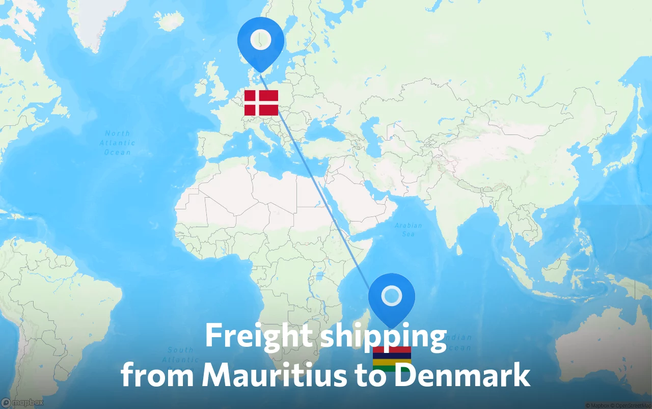 Shipping route from Mauritius to Denmark
