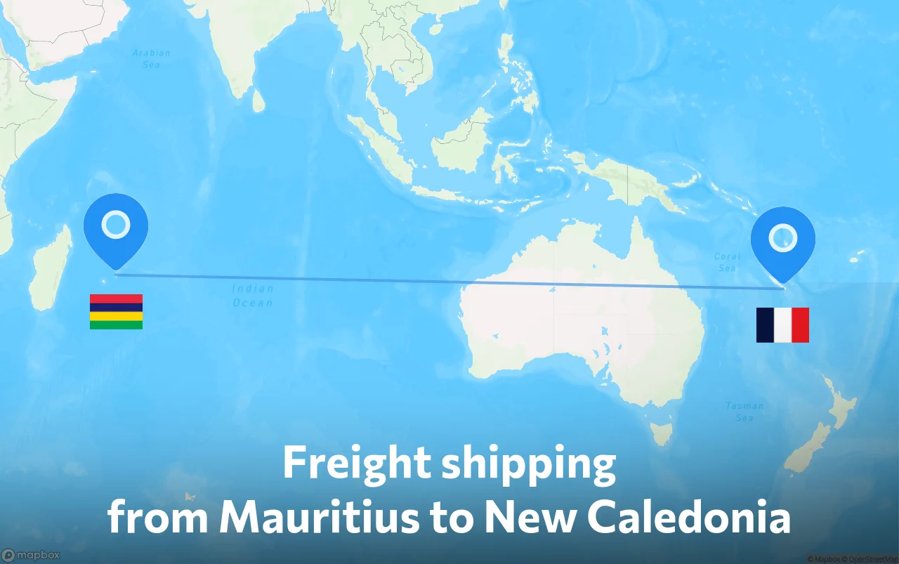 Shipping route from Mauritius to New Caledonia