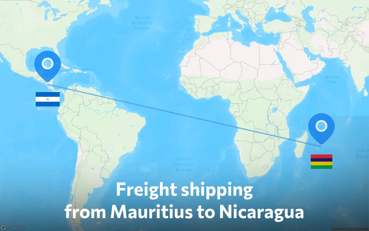 Shipping route from Mauritius to Nicaragua