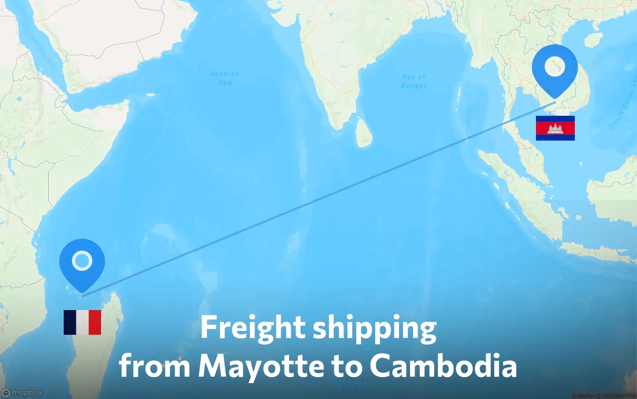 Shipping route from Mayotte to Cambodia
