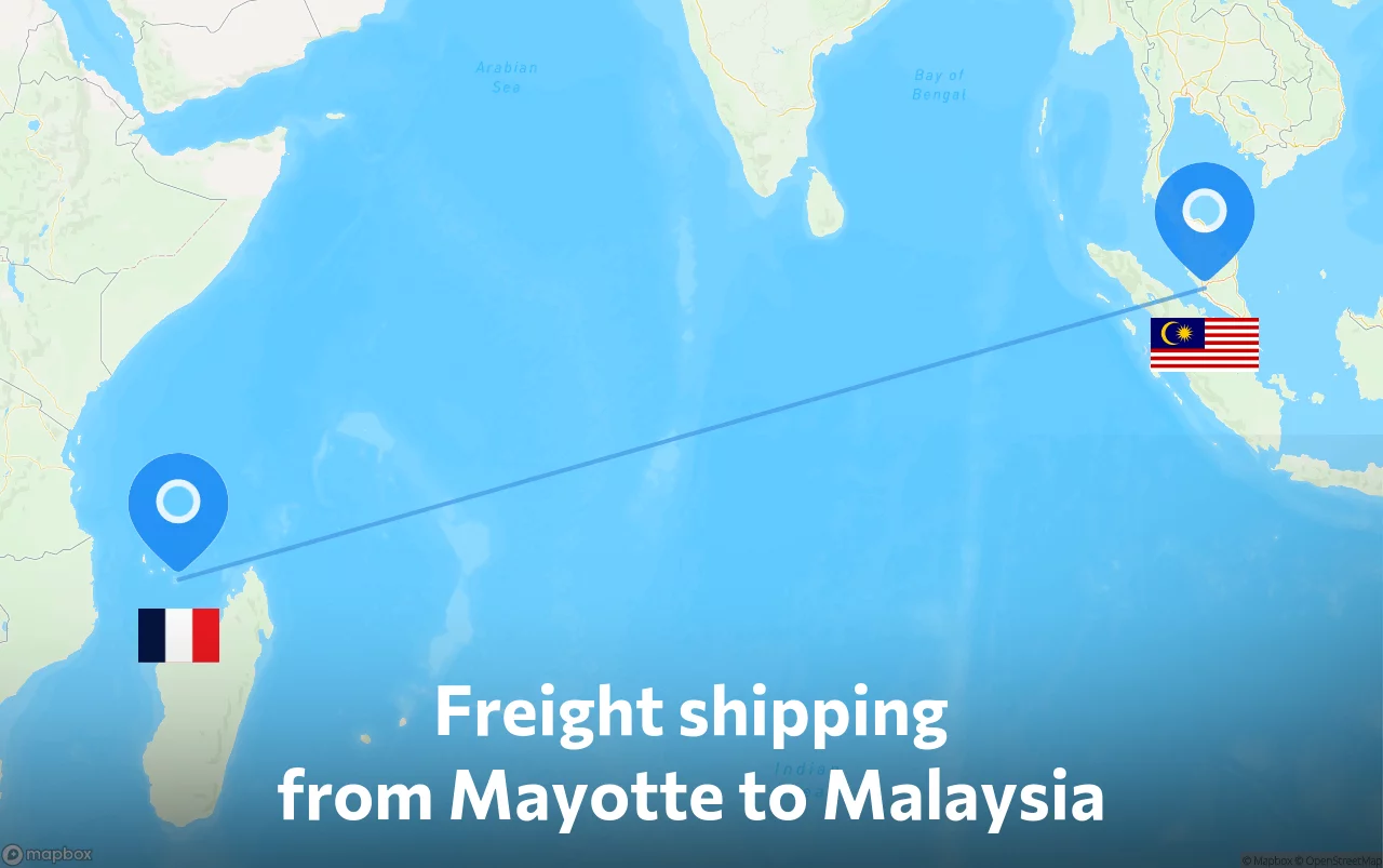 Shipping route from Mayotte to Malaysia