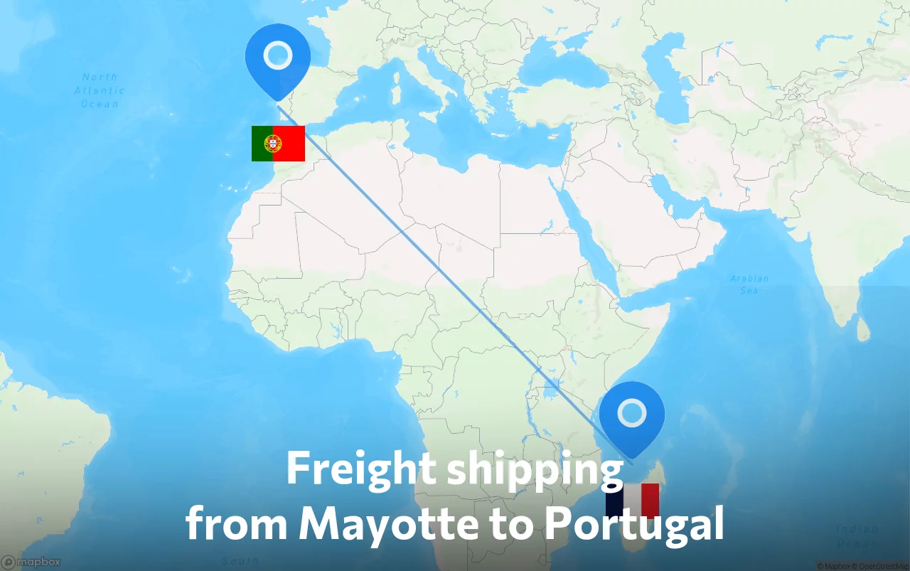 Shipping route from Mayotte to Portugal
