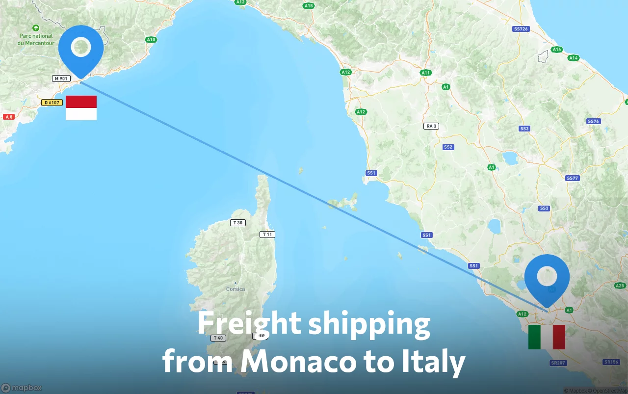 Shipping route from Monaco to Italy