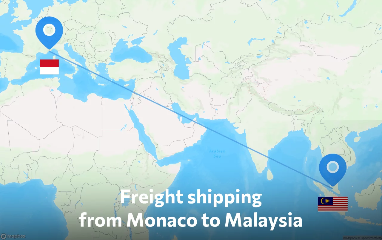 Shipping route from Monaco to Malaysia
