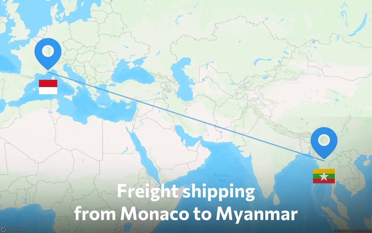 Shipping route from Monaco to Myanmar