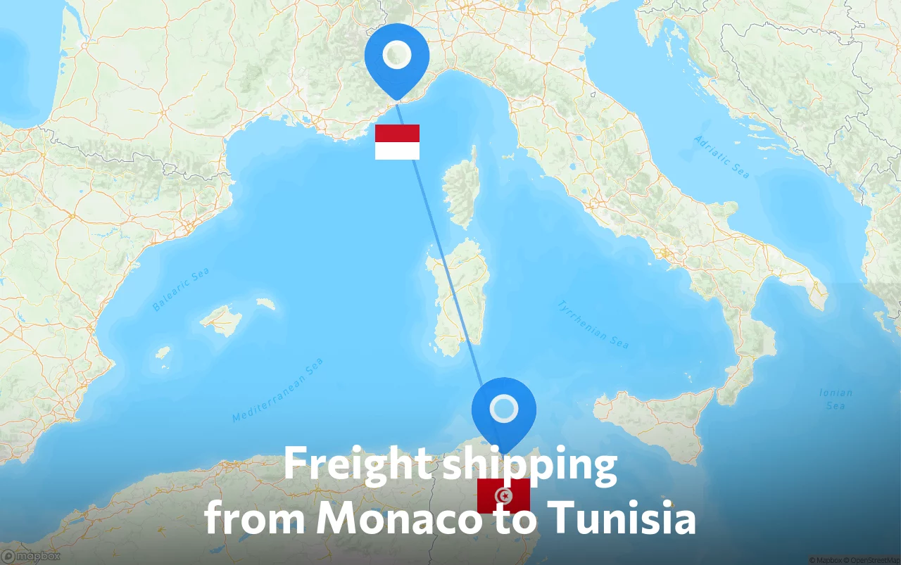 Shipping route from Monaco to Tunisia