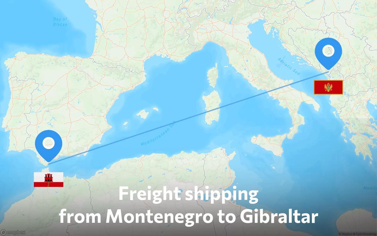 Shipping route from Montenegro to Gibraltar