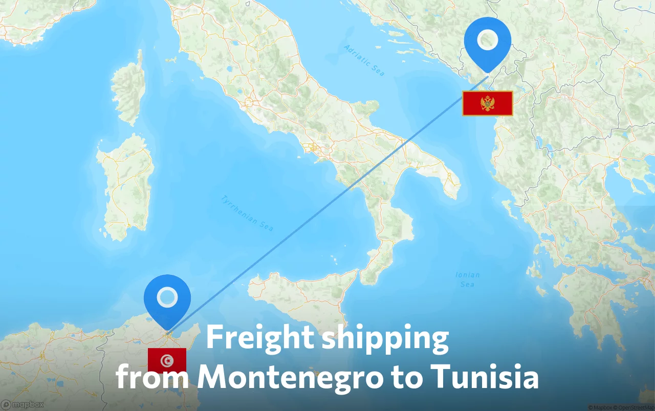 Shipping route from Montenegro to Tunisia