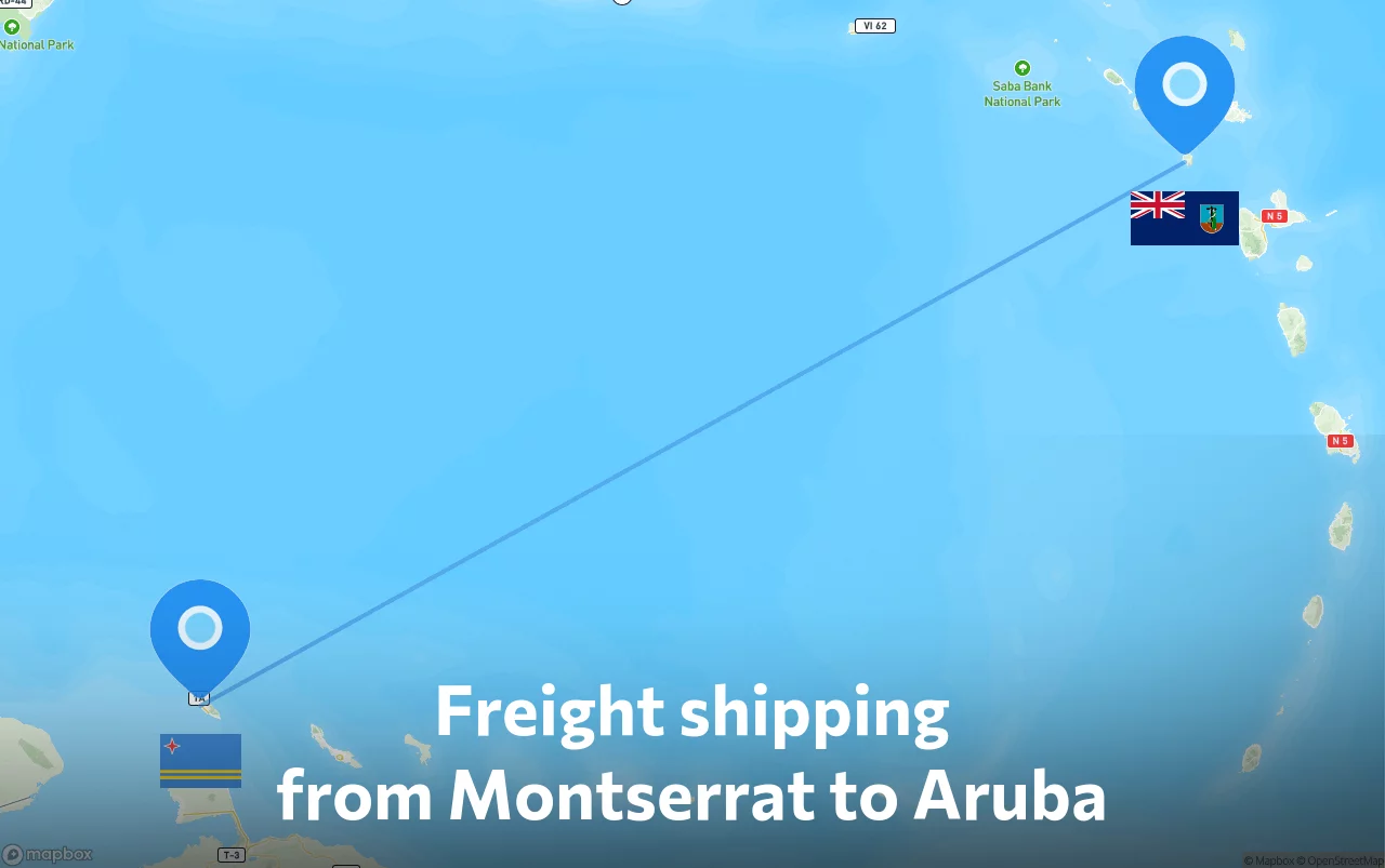 Shipping route from Montserrat to Aruba