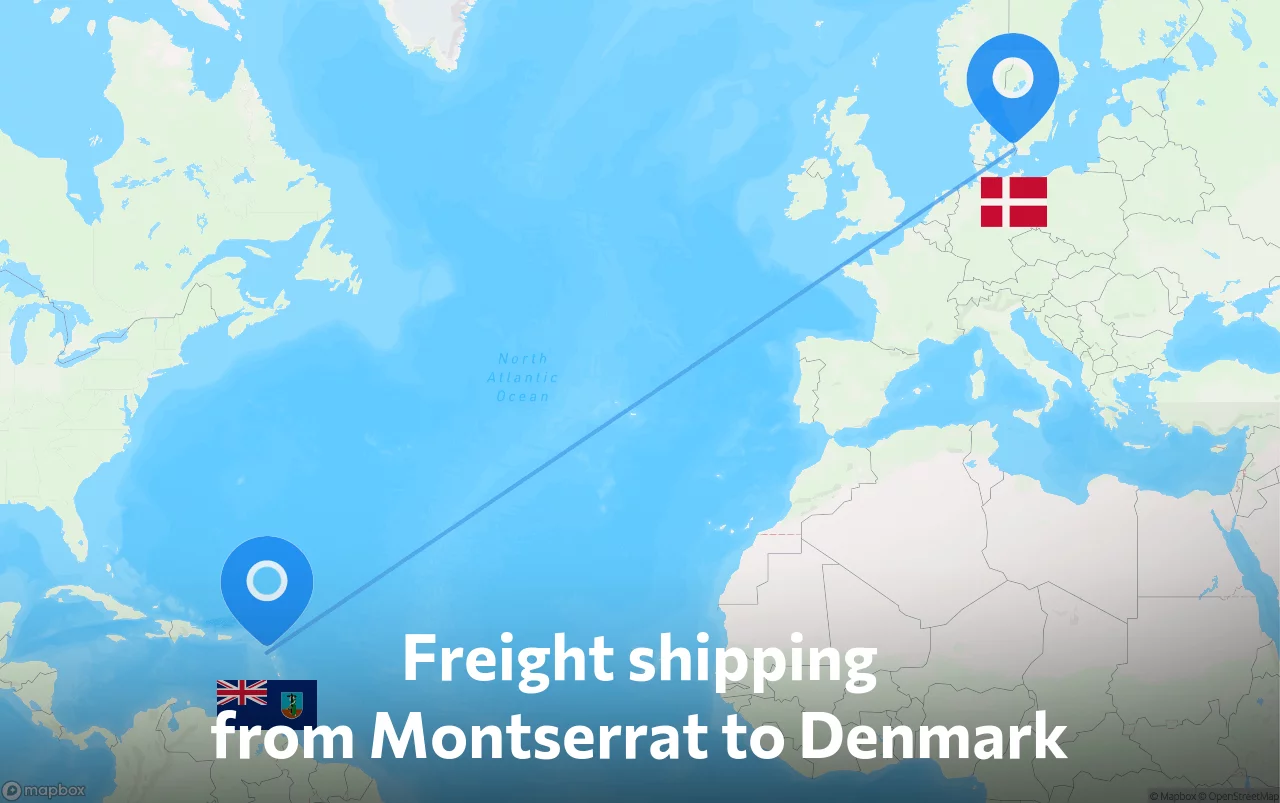 Shipping route from Montserrat to Denmark