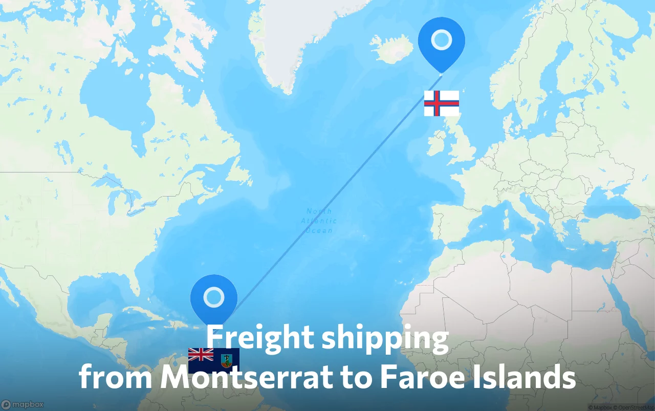 Shipping route from Montserrat to Faroe Islands