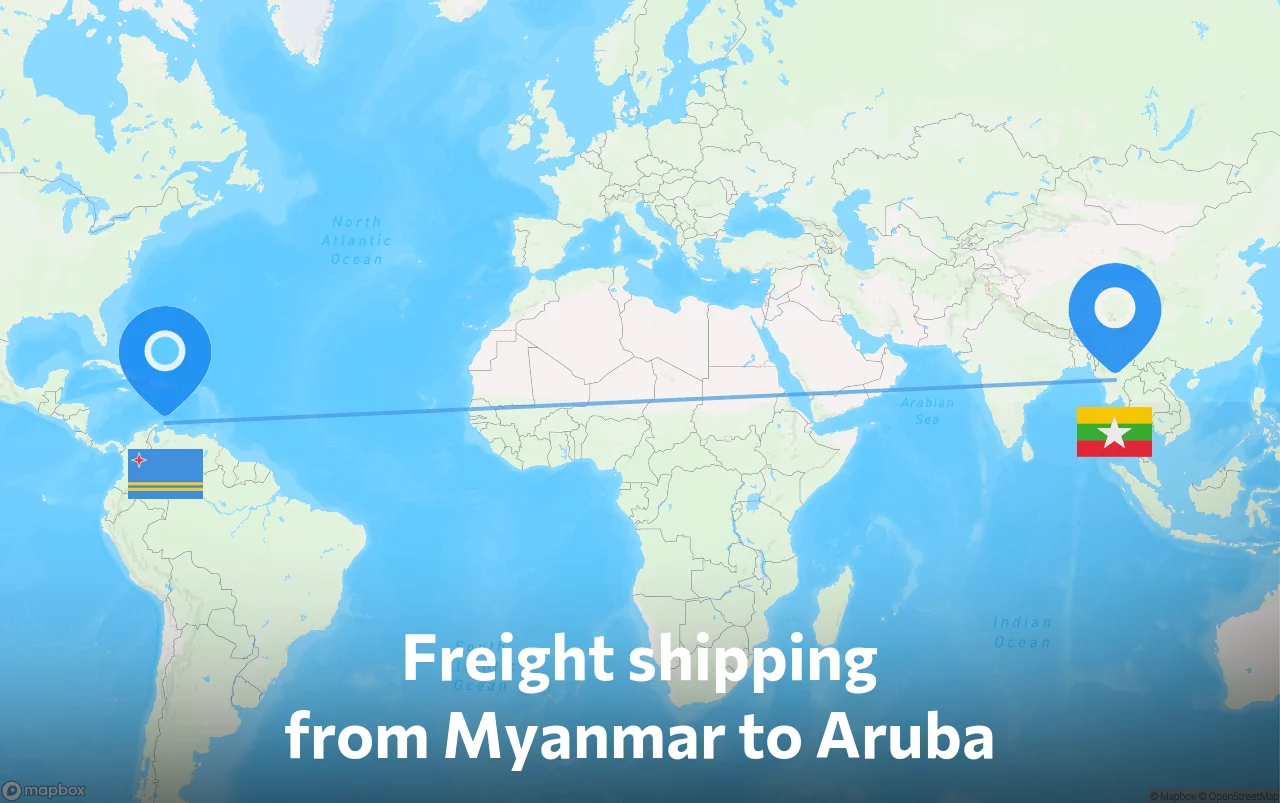 Shipping route from Myanmar to Aruba