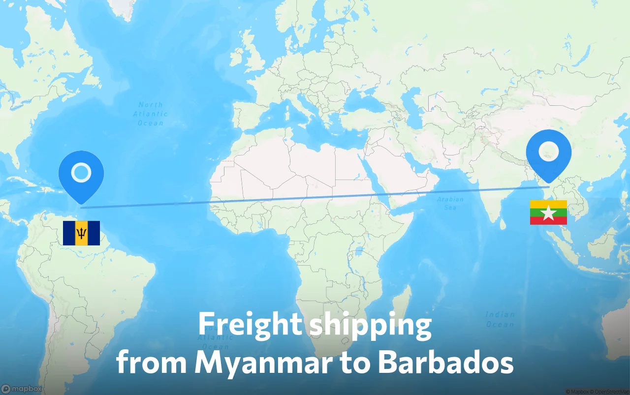 Shipping route from Myanmar to Barbados