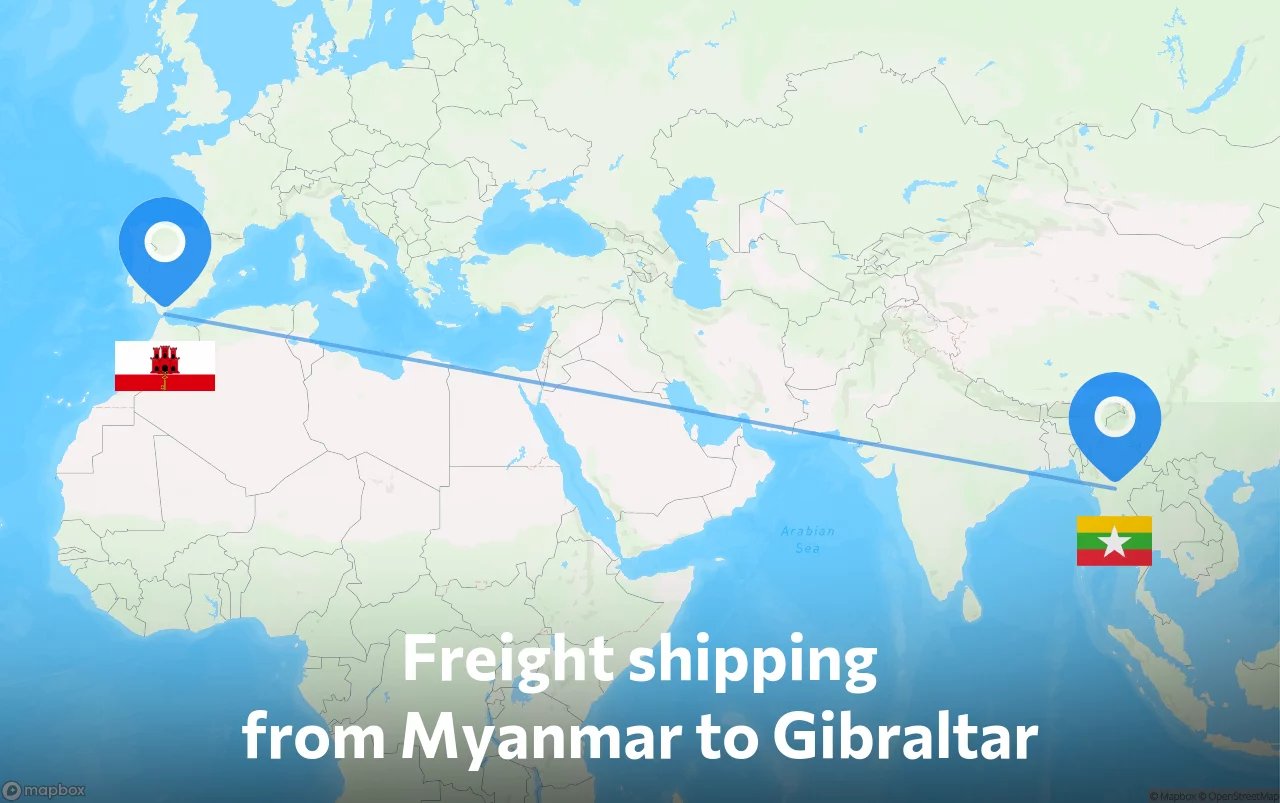Shipping route from Myanmar to Gibraltar