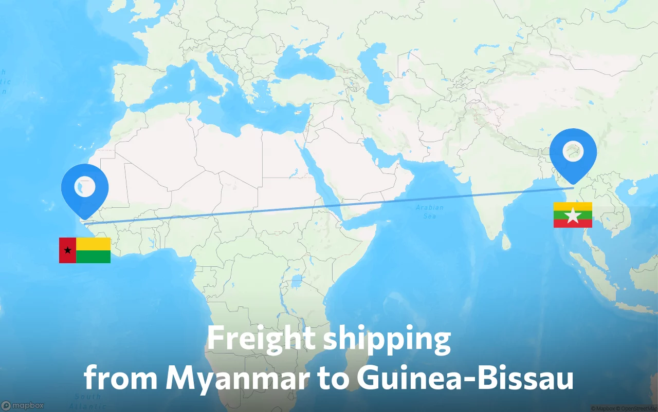Shipping route from Myanmar to Guinea-Bissau