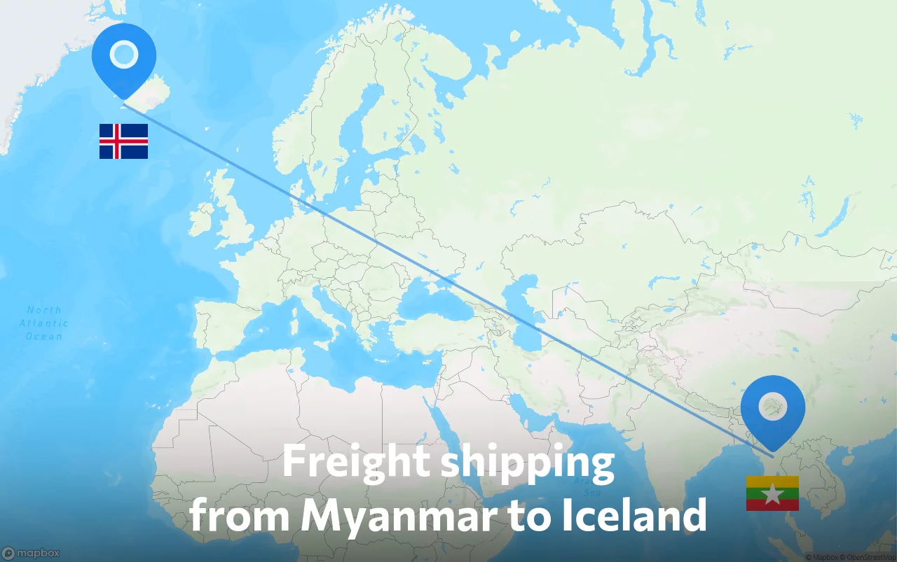 Shipping route from Myanmar to Iceland