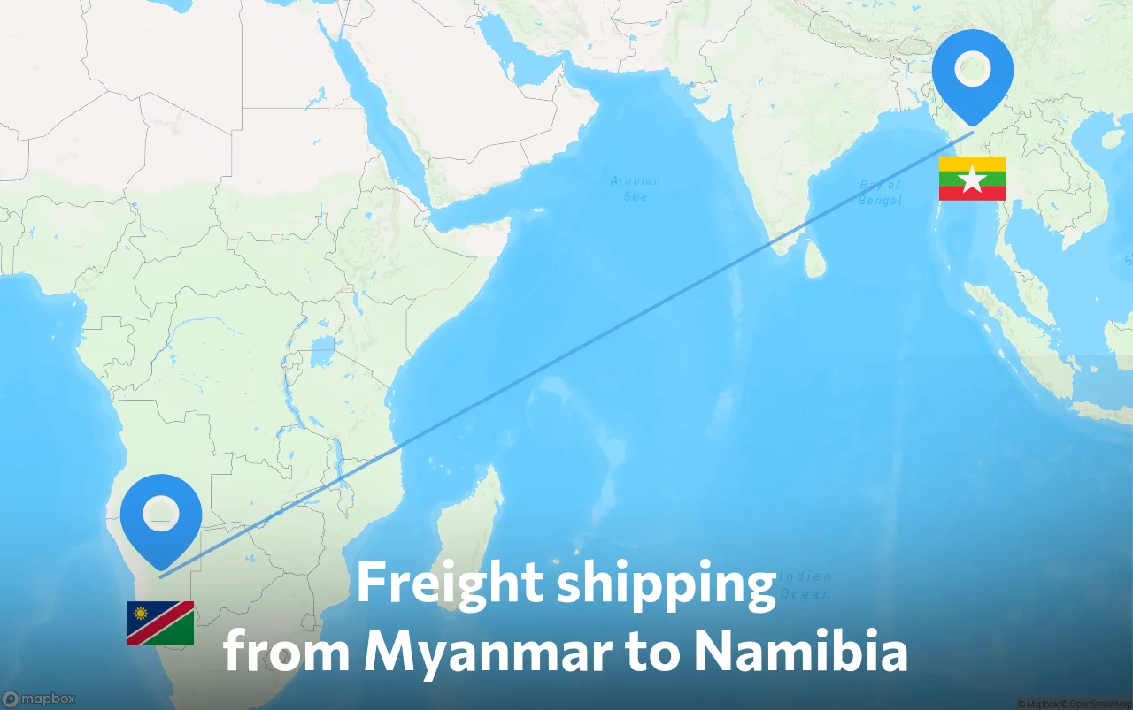 Shipping route from Myanmar to Namibia