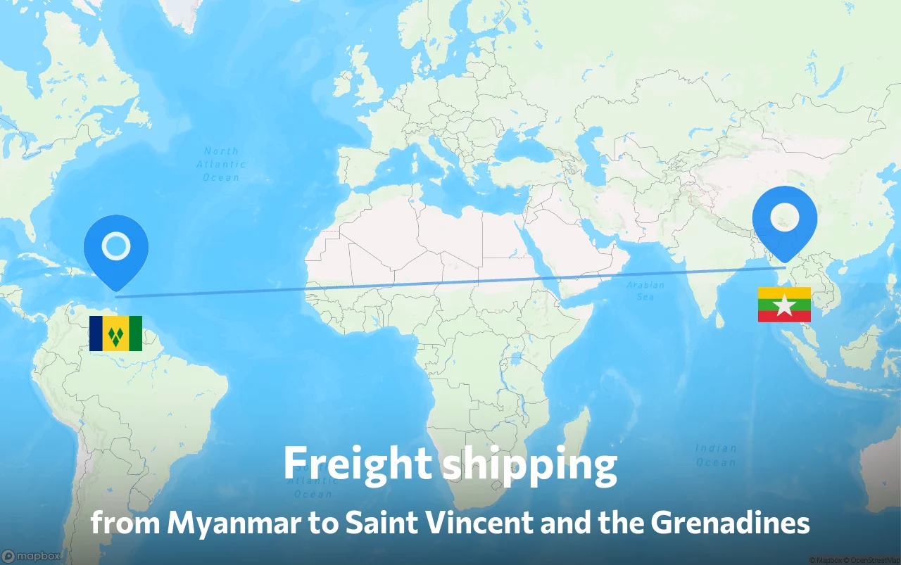Shipping route from Myanmar to Saint Vincent and the Grenadines