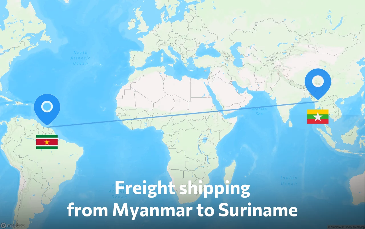 Shipping route from Myanmar to Suriname