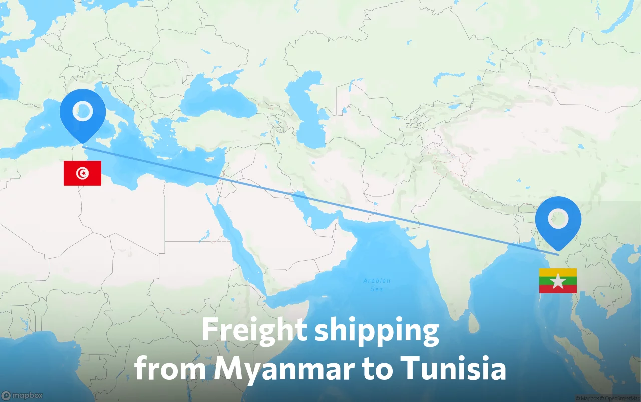 Shipping route from Myanmar to Tunisia