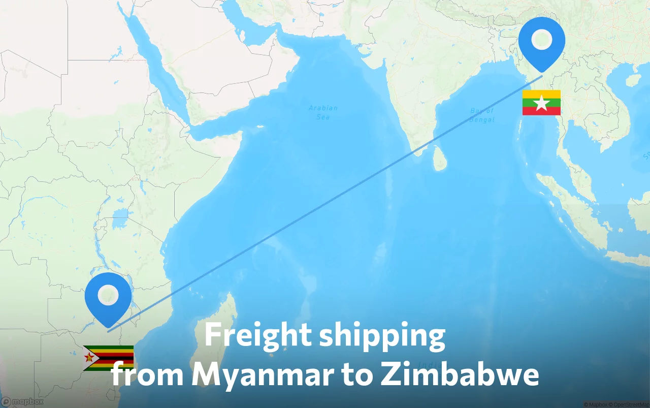 Shipping route from Myanmar to Zimbabwe