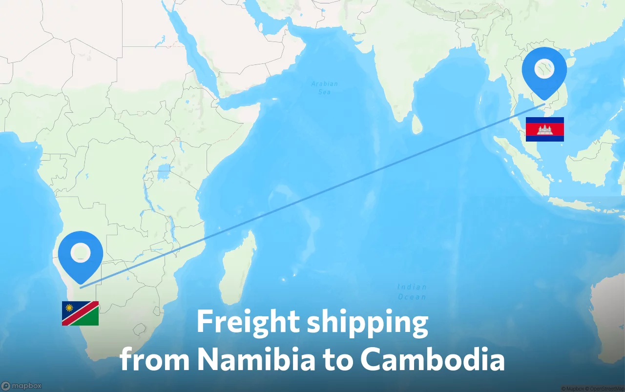 Shipping route from Namibia to Cambodia