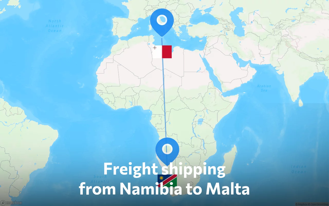 Shipping route from Namibia to Malta