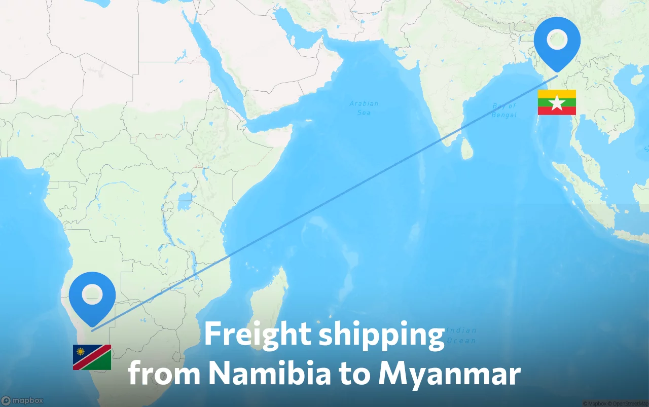 Shipping route from Namibia to Myanmar