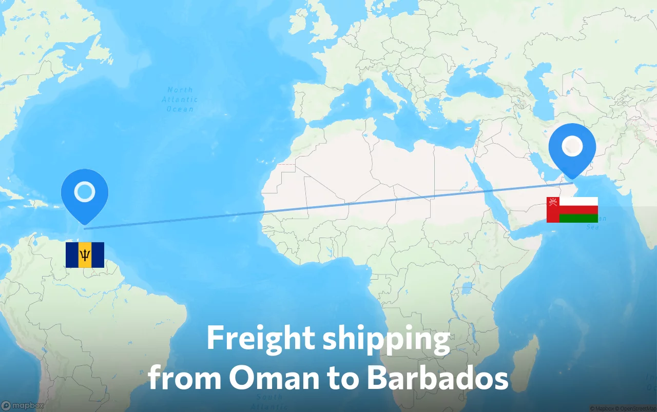 Shipping route from Oman to Barbados