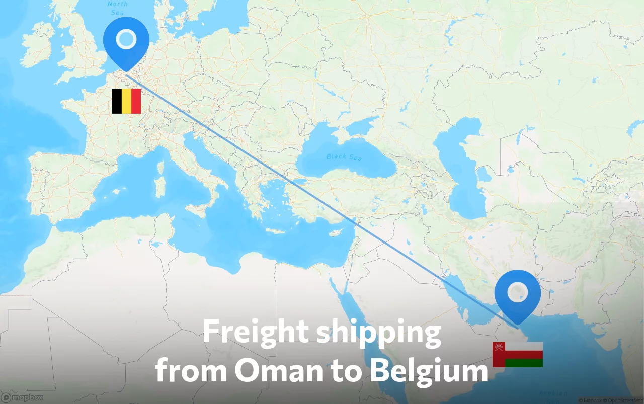 Shipping route from Oman to Belgium
