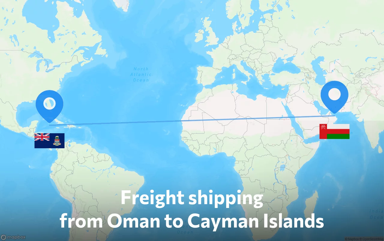 Shipping route from Oman to Cayman Islands