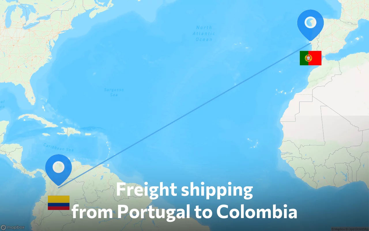 Shipping route from Portugal to Colombia