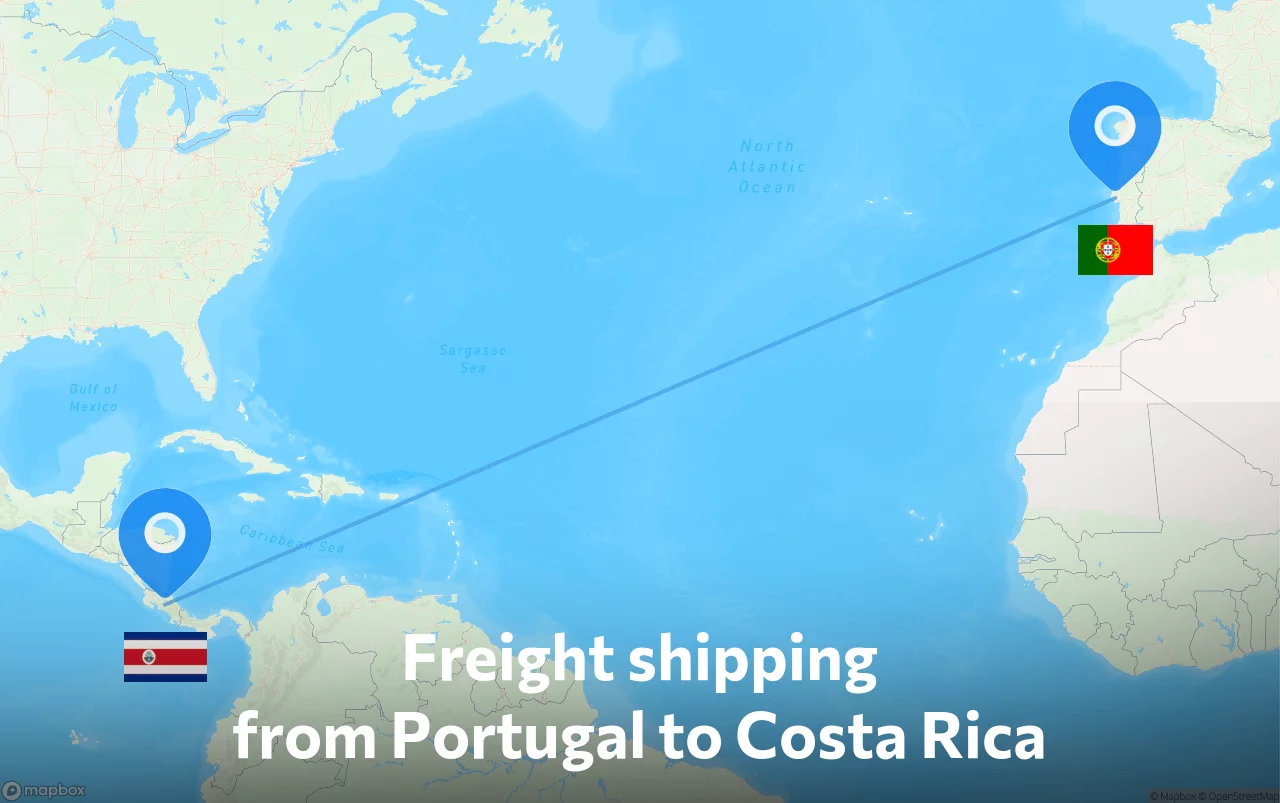 Shipping route from Portugal to Costa Rica