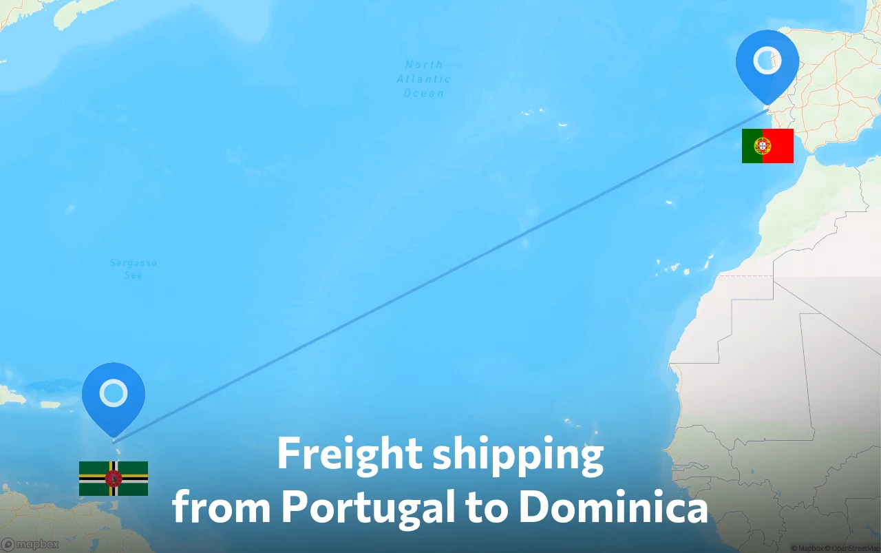 Shipping route from Portugal to Dominica