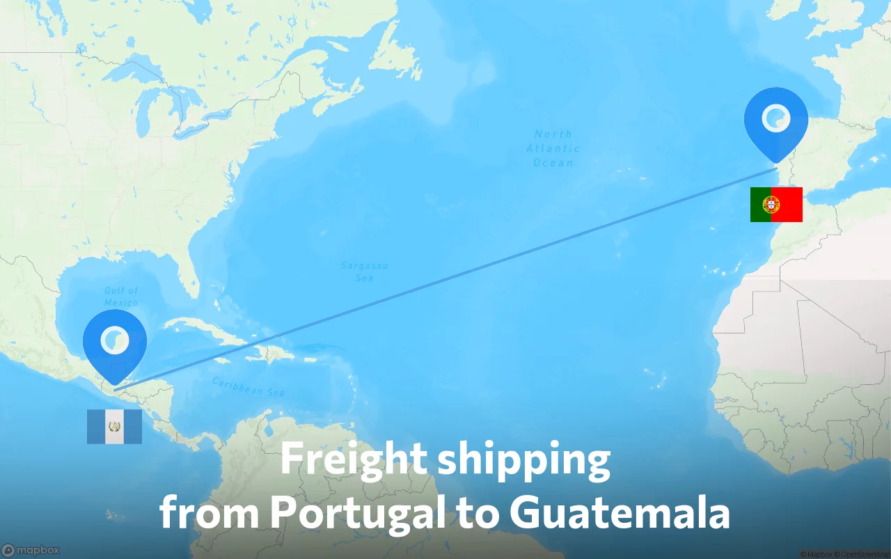 Shipping route from Portugal to Guatemala