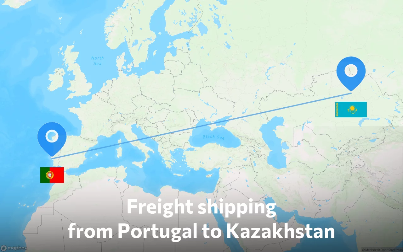 Shipping route from Portugal to Kazakhstan