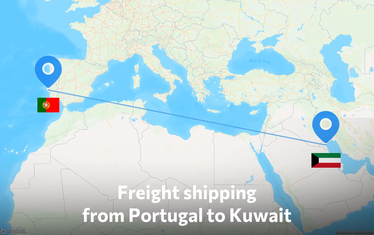 Shipping route from Portugal to Kuwait