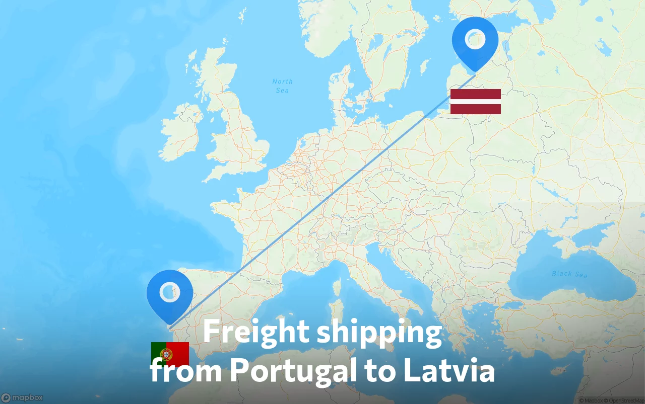 Shipping route from Portugal to Latvia