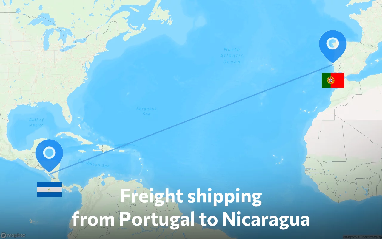 Shipping route from Portugal to Nicaragua